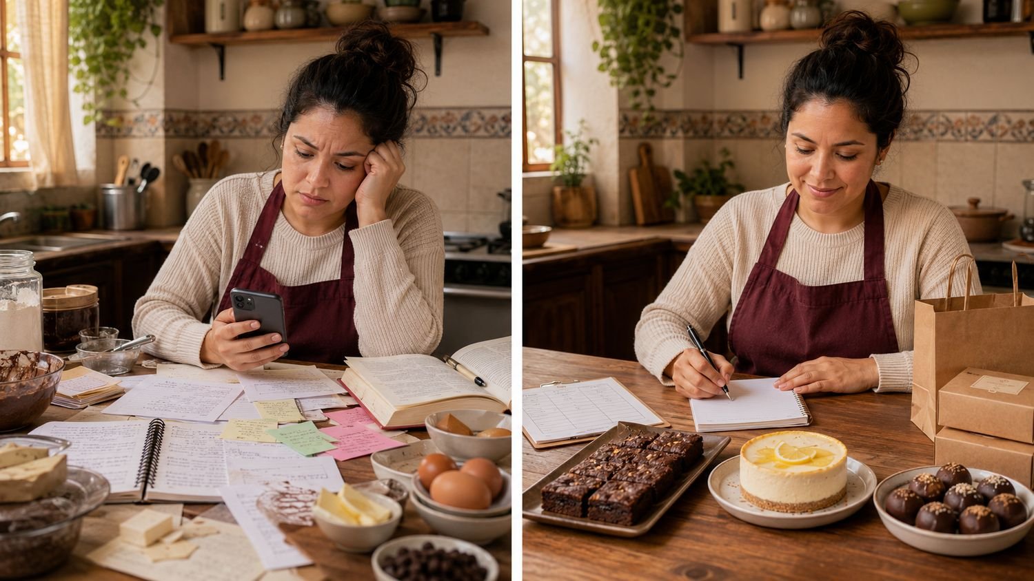 A la izquierda, la mesa cubierta de recetas sueltas. A la derecha, la misma mesa con tres productos definidos y un cuaderno de pedidos