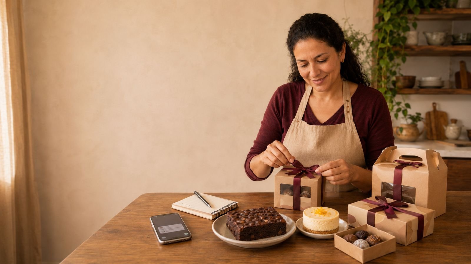 Mujer atando un lazo en una caja de postres keto en la mesa de su cocina, con pedidos por WhatsApp en el teléfono