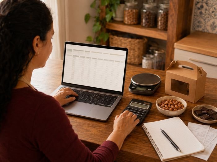 Mujer calculando costos en una planilla, con calculadora, balanza de cocina y almendras al lado